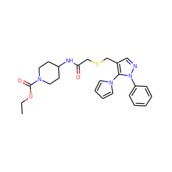 CCOC(=O)N1CCC(NC(=O)CSCc2cnn(-c3ccccc3)c2-n2cccc2)CC1 ZINC000004434828