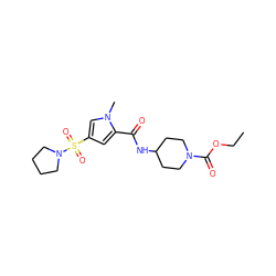 CCOC(=O)N1CCC(NC(=O)c2cc(S(=O)(=O)N3CCCC3)cn2C)CC1 ZINC000002917450