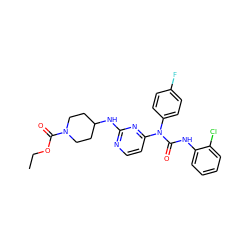 CCOC(=O)N1CCC(Nc2nccc(N(C(=O)Nc3ccccc3Cl)c3ccc(F)cc3)n2)CC1 ZINC000035881366