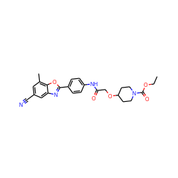 CCOC(=O)N1CCC(OCC(=O)Nc2ccc(-c3nc4cc(C#N)cc(C)c4o3)cc2)CC1 ZINC000066262744