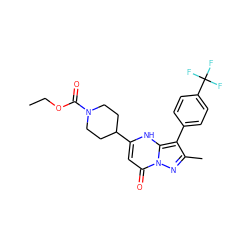 CCOC(=O)N1CCC(c2cc(=O)n3nc(C)c(-c4ccc(C(F)(F)F)cc4)c3[nH]2)CC1 ZINC001772585964