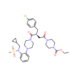 CCOC(=O)N1CCN(C(=O)C[C@H](Cc2ccc(Cl)cc2)C(=O)N2CCN(c3ccccc3N(CC3CC3)S(C)(=O)=O)CC2)CC1 ZINC000027214604