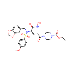 CCOC(=O)N1CCN(C(=O)CC[C@H](C(=O)NO)N(Cc2ccc3c(c2)OCO3)S(=O)(=O)c2ccc(OC)cc2)CC1 ZINC000026473041
