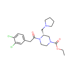 CCOC(=O)N1CCN(C(=O)Cc2ccc(Cl)c(Cl)c2)[C@H](CN2CCCC2)C1 ZINC000003800877