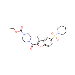 CCOC(=O)N1CCN(C(=O)c2oc3ccc(S(=O)(=O)N4CCCCC4)cc3c2C)CC1 ZINC000004099689