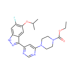 CCOC(=O)N1CCN(c2cc(-c3n[nH]c4cc(F)c(OC(C)C)cc34)ncn2)CC1 ZINC000225565402