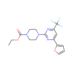 CCOC(=O)N1CCN(c2nc(-c3ccco3)cc(C(F)(F)F)n2)CC1 ZINC000004195487