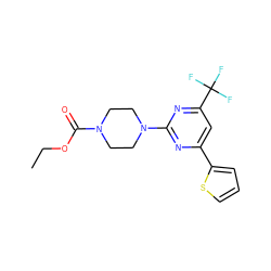 CCOC(=O)N1CCN(c2nc(-c3cccs3)cc(C(F)(F)F)n2)CC1 ZINC000004757803