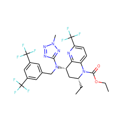 CCOC(=O)N1c2ccc(C(F)(F)F)nc2[C@@H](N(Cc2cc(C(F)(F)F)cc(C(F)(F)F)c2)c2nnn(C)n2)C[C@H]1CC ZINC000084635455