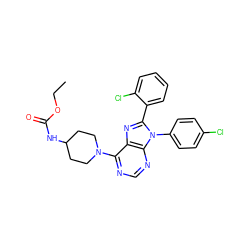 CCOC(=O)NC1CCN(c2ncnc3c2nc(-c2ccccc2Cl)n3-c2ccc(Cl)cc2)CC1 ZINC000096937549