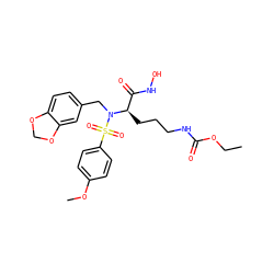 CCOC(=O)NCCC[C@H](C(=O)NO)N(Cc1ccc2c(c1)OCO2)S(=O)(=O)c1ccc(OC)cc1 ZINC000026189060