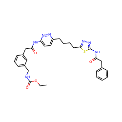 CCOC(=O)NCc1cccc(CC(=O)Nc2ccc(CCCCc3nnc(NC(=O)Cc4ccccc4)s3)nn2)c1 ZINC000169698281