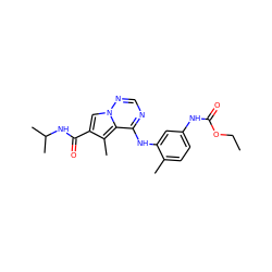 CCOC(=O)Nc1ccc(C)c(Nc2ncnn3cc(C(=O)NC(C)C)c(C)c23)c1 ZINC000014974287