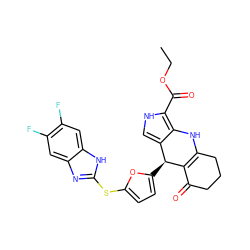 CCOC(=O)c1[nH]cc2c1NC1=C(C(=O)CCC1)[C@H]2c1ccc(Sc2nc3cc(F)c(F)cc3[nH]2)o1 ZINC000118043829