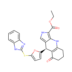 CCOC(=O)c1[nH]cc2c1NC1=C(C(=O)CCC1)[C@H]2c1ccc(Sc2nc3ccccc3[nH]2)o1 ZINC000118038037