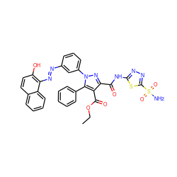 CCOC(=O)c1c(C(=O)Nc2nnc(S(N)(=O)=O)s2)nn(-c2cccc(/N=N/c3c(O)ccc4ccccc34)c2)c1-c1ccccc1 ZINC000072138058