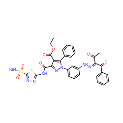 CCOC(=O)c1c(C(=O)Nc2nnc(S(N)(=O)=O)s2)nn(-c2cccc(N/N=C(\C(C)=O)C(=O)c3ccccc3)c2)c1-c1ccccc1 ZINC000072136399