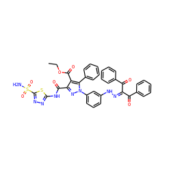 CCOC(=O)c1c(C(=O)Nc2nnc(S(N)(=O)=O)s2)nn(-c2cccc(NN=C(C(=O)c3ccccc3)C(=O)c3ccccc3)c2)c1-c1ccccc1 ZINC000095543641