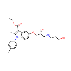 CCOC(=O)c1c(C)n(-c2ccc(C)cc2)c2ccc(OC[C@H](O)CNCCCO)cc12 ZINC000003628249