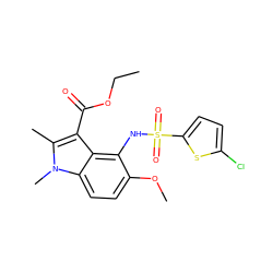 CCOC(=O)c1c(C)n(C)c2ccc(OC)c(NS(=O)(=O)c3ccc(Cl)s3)c12 ZINC000002346283