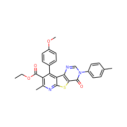 CCOC(=O)c1c(C)nc2sc3c(=O)n(-c4ccc(C)cc4)cnc3c2c1-c1ccc(OC)cc1 ZINC000008386873