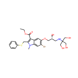 CCOC(=O)c1c(CSc2ccccc2)n(C)c2cc(Br)c(OC[C@H](O)CNC(CO)(CO)CO)cc12 ZINC000008397119