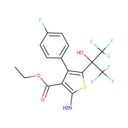 CCOC(=O)c1c(N)sc(C(O)(C(F)(F)F)C(F)(F)F)c1-c1ccc(F)cc1 ZINC000003167521