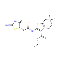 CCOC(=O)c1c(NC(=O)C[C@@H]2SC(=N)NC2=O)sc2c1CCC(C)(C)C2 ZINC000653779512