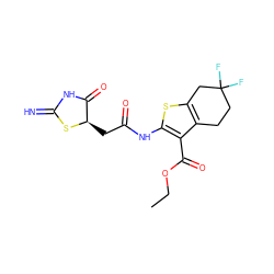 CCOC(=O)c1c(NC(=O)C[C@H]2SC(=N)NC2=O)sc2c1CCC(F)(F)C2 ZINC000653779519