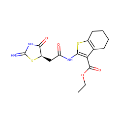 CCOC(=O)c1c(NC(=O)C[C@H]2SC(=N)NC2=O)sc2c1CCCC2 ZINC000005958247