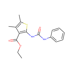 CCOC(=O)c1c(NC(=O)Nc2ccccc2)sc(C)c1C ZINC000003264634