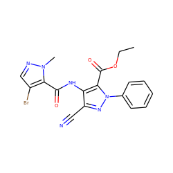 CCOC(=O)c1c(NC(=O)c2c(Br)cnn2C)c(C#N)nn1-c1ccccc1 ZINC000008801918