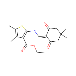 CCOC(=O)c1c(NC=C2C(=O)CC(C)(C)CC2=O)sc(C)c1C ZINC000100567006