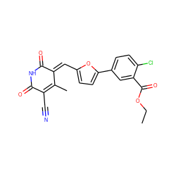 CCOC(=O)c1cc(-c2ccc(/C=C3/C(=O)NC(=O)C(C#N)=C3C)o2)ccc1Cl ZINC000033153808