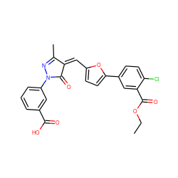 CCOC(=O)c1cc(-c2ccc(/C=C3\C(=O)N(c4cccc(C(=O)O)c4)N=C3C)o2)ccc1Cl ZINC000033055319