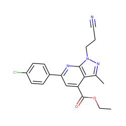 CCOC(=O)c1cc(-c2ccc(Cl)cc2)nc2c1c(C)nn2CCC#N ZINC000002626454