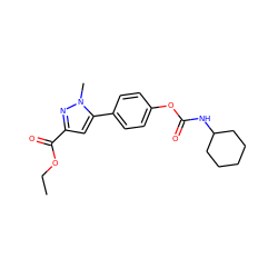 CCOC(=O)c1cc(-c2ccc(OC(=O)NC3CCCCC3)cc2)n(C)n1 ZINC000299859449