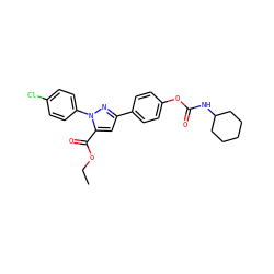 CCOC(=O)c1cc(-c2ccc(OC(=O)NC3CCCCC3)cc2)nn1-c1ccc(Cl)cc1 ZINC000299866490