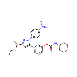 CCOC(=O)c1cc(-c2cccc(OC(=O)NC3CCCCC3)c2)n(-c2ccc([N+](=O)[O-])cc2)n1 ZINC000299868291