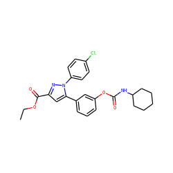 CCOC(=O)c1cc(-c2cccc(OC(=O)NC3CCCCC3)c2)n(-c2ccc(Cl)cc2)n1 ZINC000299864756