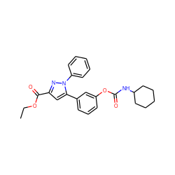 CCOC(=O)c1cc(-c2cccc(OC(=O)NC3CCCCC3)c2)n(-c2ccccc2)n1 ZINC000299867716