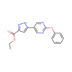 CCOC(=O)c1cc(-c2cnc(Oc3ccccc3)nc2)[nH]n1 ZINC000118620984