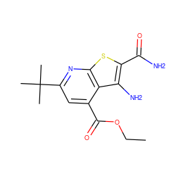 CCOC(=O)c1cc(C(C)(C)C)nc2sc(C(N)=O)c(N)c12 ZINC000013686836