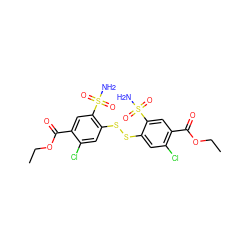 CCOC(=O)c1cc(S(N)(=O)=O)c(SSc2cc(Cl)c(C(=O)OCC)cc2S(N)(=O)=O)cc1Cl ZINC000034799862