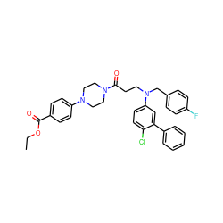CCOC(=O)c1ccc(N2CCN(C(=O)CCN(Cc3ccc(F)cc3)c3ccc(Cl)c(-c4ccccc4)c3)CC2)cc1 ZINC000653697090