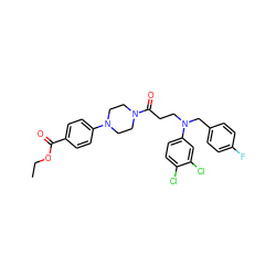 CCOC(=O)c1ccc(N2CCN(C(=O)CCN(Cc3ccc(F)cc3)c3ccc(Cl)c(Cl)c3)CC2)cc1 ZINC000653699249