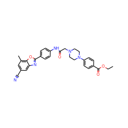 CCOC(=O)c1ccc(N2CCN(CC(=O)Nc3ccc(-c4nc5cc(C#N)cc(C)c5o4)cc3)CC2)cc1 ZINC000066101025