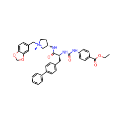 CCOC(=O)c1ccc(NC(=O)N[C@@H](Cc2ccc(-c3ccccc3)cc2)C(=O)N[C@H]2CC[N@@+](C)(Cc3ccc4c(c3)OCO4)C2)cc1 ZINC000254136619