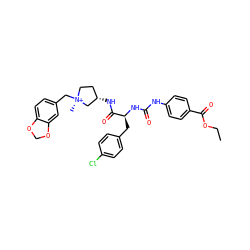 CCOC(=O)c1ccc(NC(=O)N[C@@H](Cc2ccc(Cl)cc2)C(=O)N[C@H]2CC[N@+](C)(Cc3ccc4c(c3)OCO4)C2)cc1 ZINC000261103164