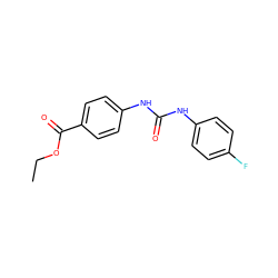 CCOC(=O)c1ccc(NC(=O)Nc2ccc(F)cc2)cc1 ZINC000001738324